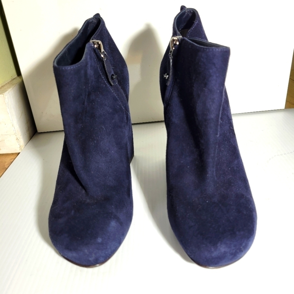 Lanvin suede ankle booties block heel round toe navy blue 37.5 6.5 - Picture 2 of 11